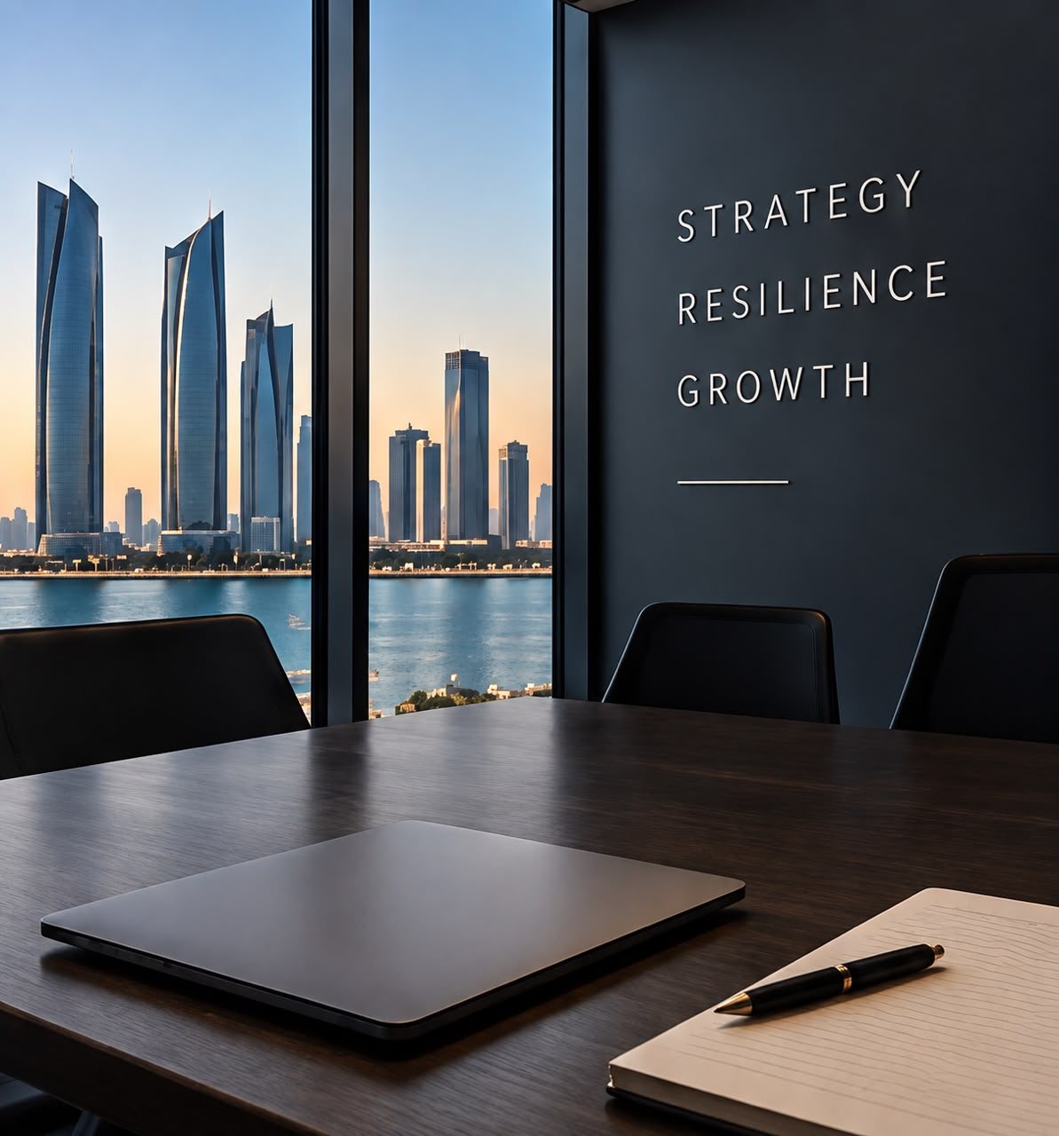 A boardroom overlooking a Gulf waterfront skyline at dusk, with the words strategy, resilience and growth on the wall.